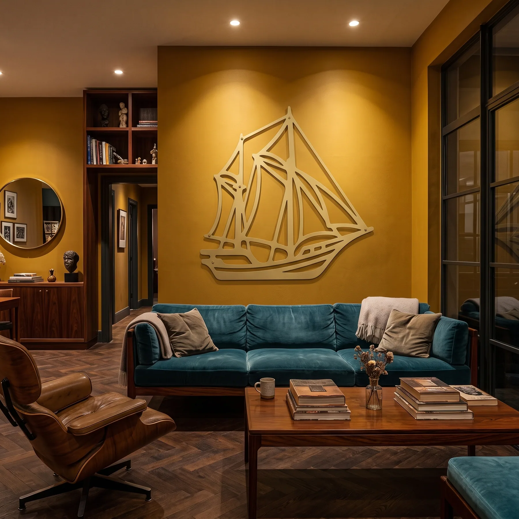 Premium AI mockup of nautical metal wall art in a warm gallery room
